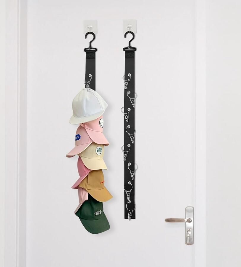 2 stuks 16 clips zwart universele hoedenorganizer hoedenrek en organizer voor over de deur spijkervrije ophangkoord voor hoeden honkbalpetorganizer hoedenrek met klevende haken voor kasten muren deuren