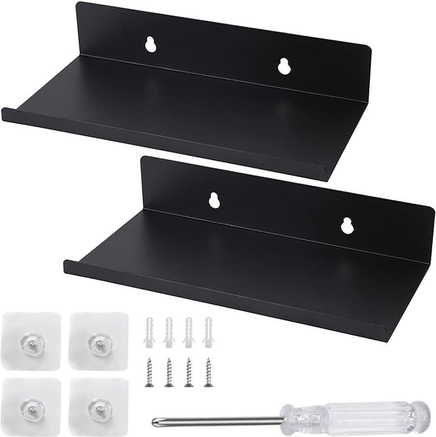 2 stuks 20 cm zwarte kleine wandplanken zelfklevende kleine wandplank zwart metaal zwevende plank badkamer maximale belasting 10 kg geen boren plank wand badkamer voor badkamer keuken kantoor