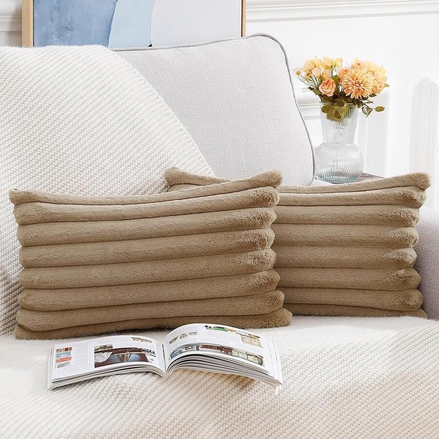 2 Stuks (30 x 50 cm) pluche kussenslopen van imitatiebont zacht pluizig gestreepte rand kussenhoes voor bank slaapkamer kussens lichtbruin