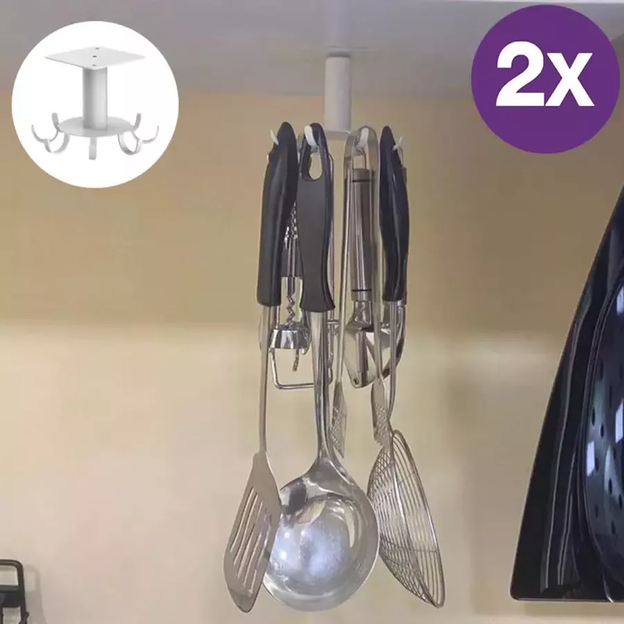 2 Stuks 360 ° Keuken opslaghaak-roterend rek met 8 haken-Multifunctioneel rek-Roestvrijstaal-Keukengereirek-Opbergsysteem-wit
