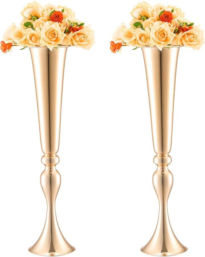 2 Stuks 56 cm Hoge Bloemenvaas voor Bruiloften metalen Trompetvormig Middenstuk Gouden Bloemenstandaard voor Tafels Bij Bruiloftsdiners Feesten Jubilea Ceremonies Verjaardagen Evenementdecoratie