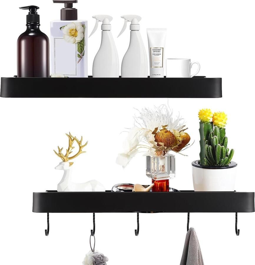 2 stuks aluminium doucheplank zonder boren 40 cm badkamerorganizer zwarte doucheplank met 5 haken voor badkamer keuken