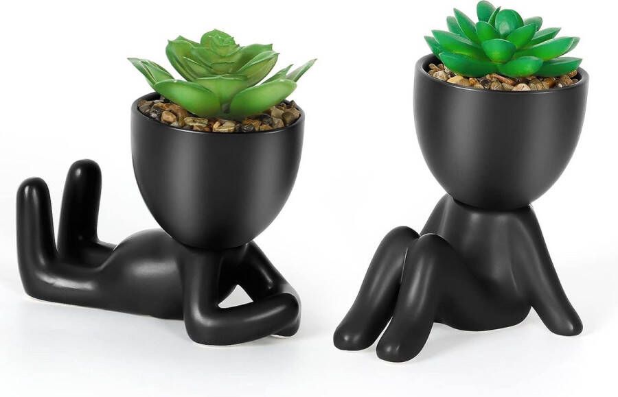 2 stuks artistiek vetplanten met menselijke voorkant zwarte keramische potten mini-nepplanten gepot vetplanten Kunstplanten decoratie voor binnen kantoor woonkamer bureau