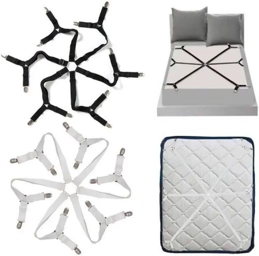 2 stuks bedlakenklemmen verstelbare lakenriemen voor tweepersoonsbed queensize kingsize eenpersoonsbedden en alle bedmaten (wit en zwart)