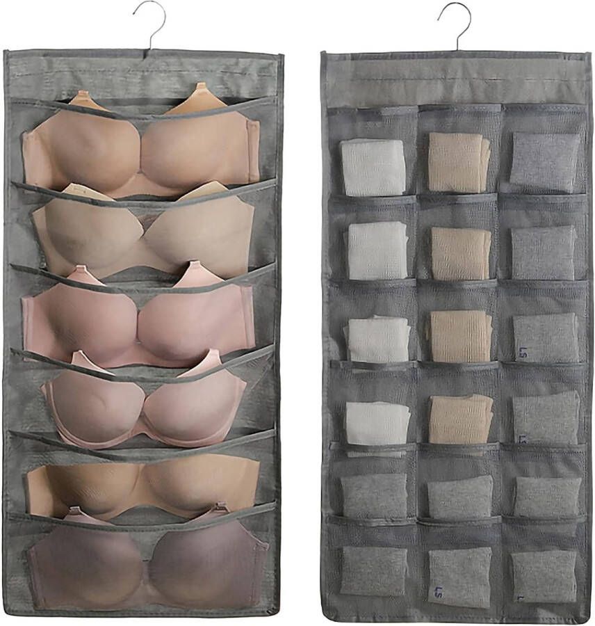 2 stuks beha-opslag hangend ruimtebesparende kledingkast organizer dubbelzijdig ondergoed opberghangers met 48 zakken grijze sokken 40 x 80 cm