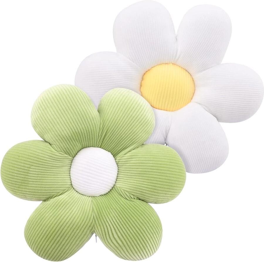 2 stuks bloem vloer kussen zitkussen 40cm bloemvormig kussen zacht bloemblaadje kussen schattig bloem pluche kussen Tatami zitkussen voor auto thuis sofa stoel (groen+wit) floor pillow