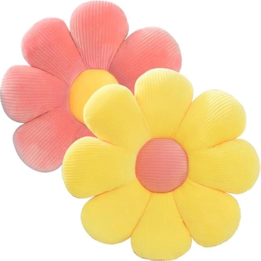 2 stuks bloemenvloerkussens zitkussens 40 cm bloemenvloerkussen tatami bloemvormig zacht bloembladkussen schattig pluche kussen voor auto thuis op de bank of stoel (geel + rood)