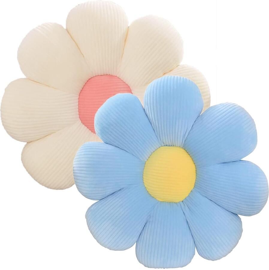 2 stuks bloemenvloerkussens zitkussens 40 cm tatami bloemvormig zacht bloembladkussen schattig pluche kussen voor auto thuis bank stoel (blauw + wit)