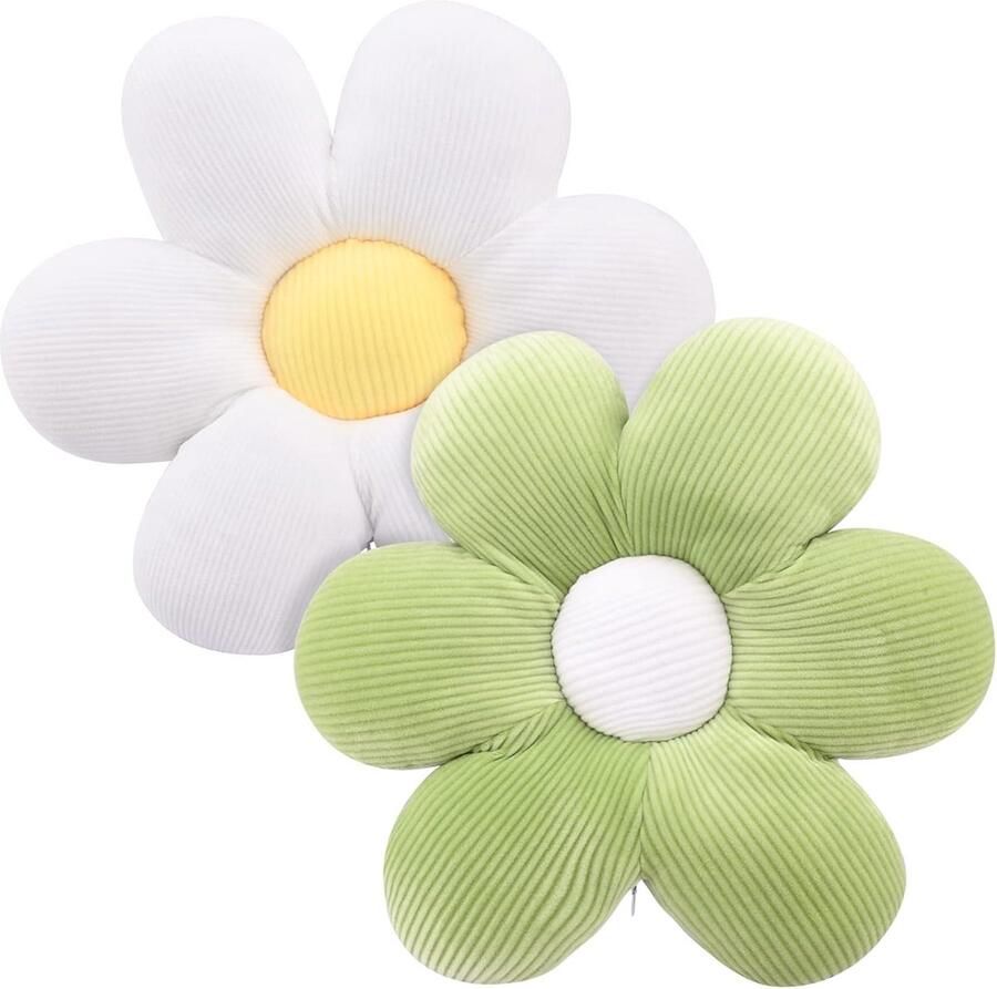 2 stuks bloemvloerkussens zitkussens 40 cm bloemenvloerkussen Tatami bloemvormig zacht bloembladkussen schattig pluche kussen voor auto thuis op de bank stoel (groen + wit)