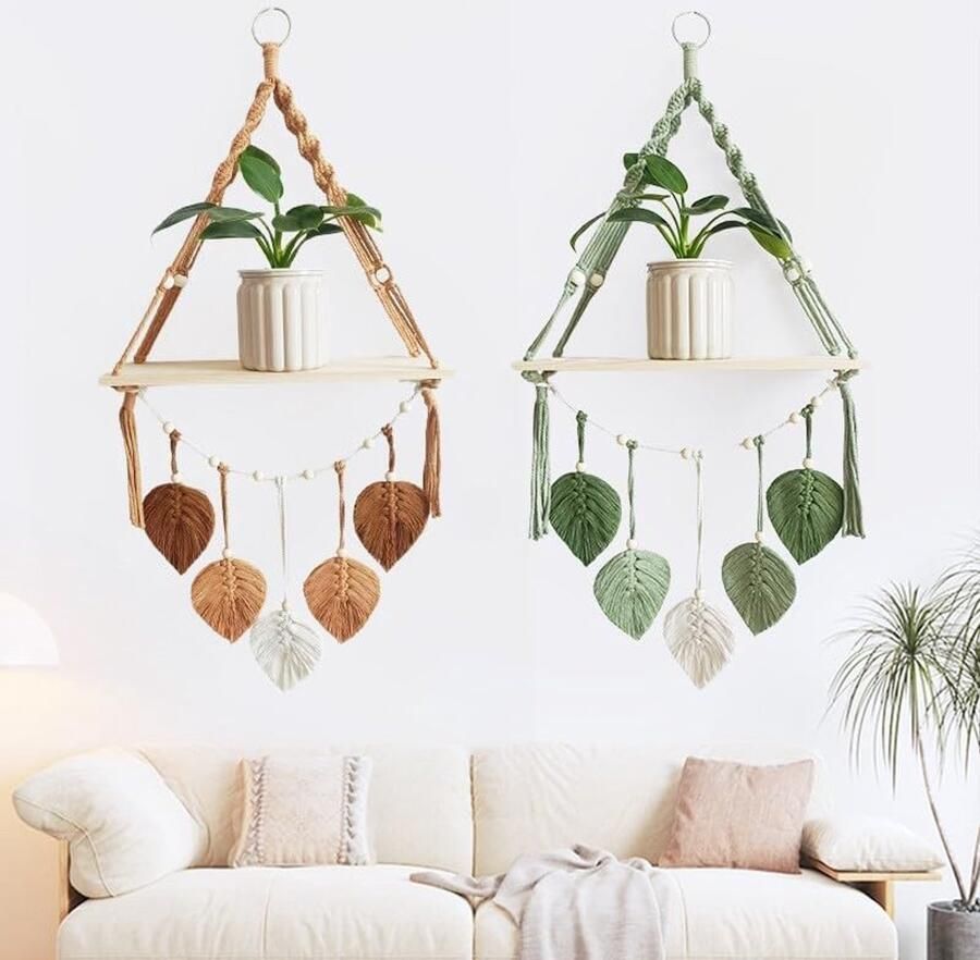 2 Stuks Bohemian Stijl Macramé Houten Planken Wandhanger Geweven Blad Wandtapijt Wandplanken Wanddecoratie Geschikt Voor Woonkamer Slaapkamer Badkamer Hal