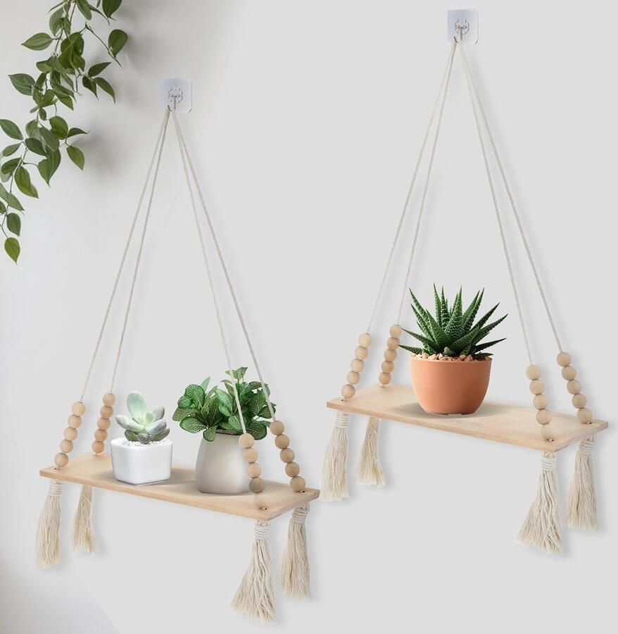 2 stuks Bohemian Wandplank 57 5×35 cm Opvouwbare Plank met Franjes Landelijke Plantenrek voor Woonkamer Slaapkamer Met Adjusteerbare Planken