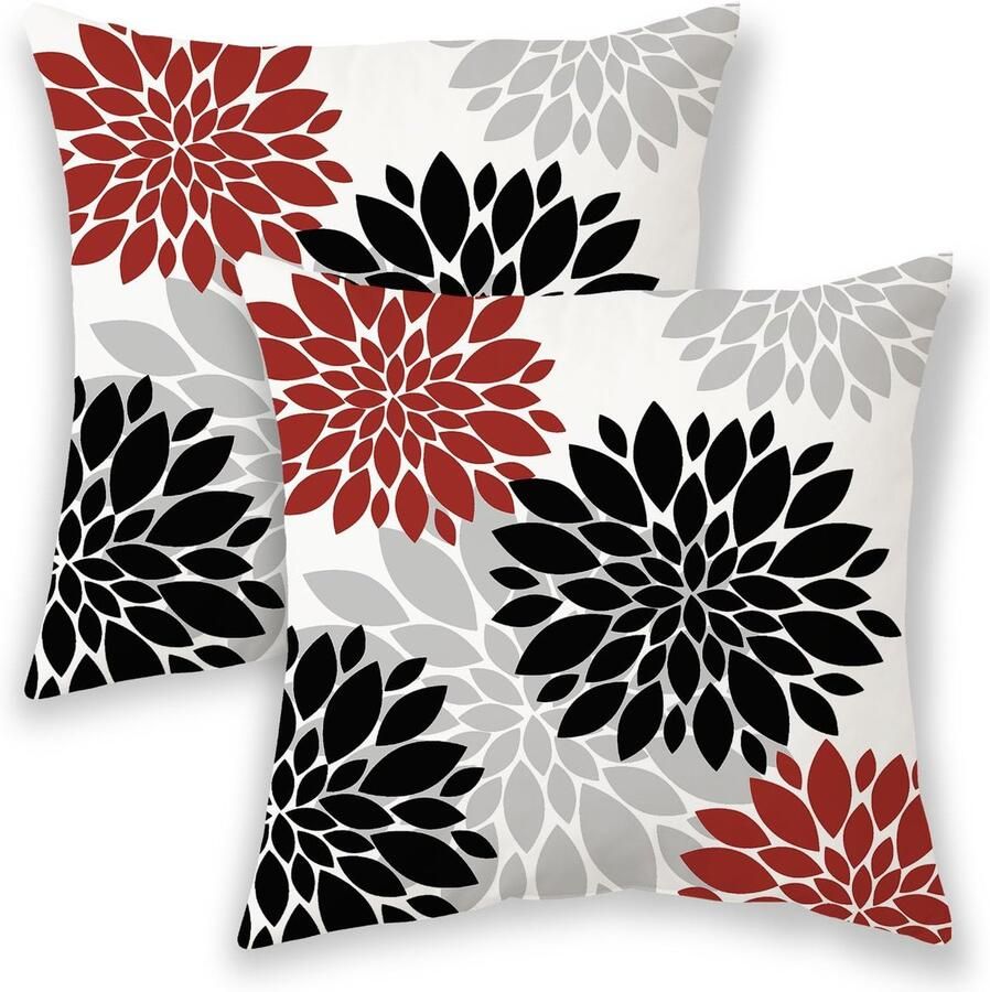 2 stuks decoratieve kussenhoes geometrische Dahlia decoratieve kussen 45 72 x 45 72 cm zomer bloem decoratieve kussenhoes vierkante kussenhoes geschikt voor veranda terras bank geschenk (exclusief kussenkern) zwart en rood