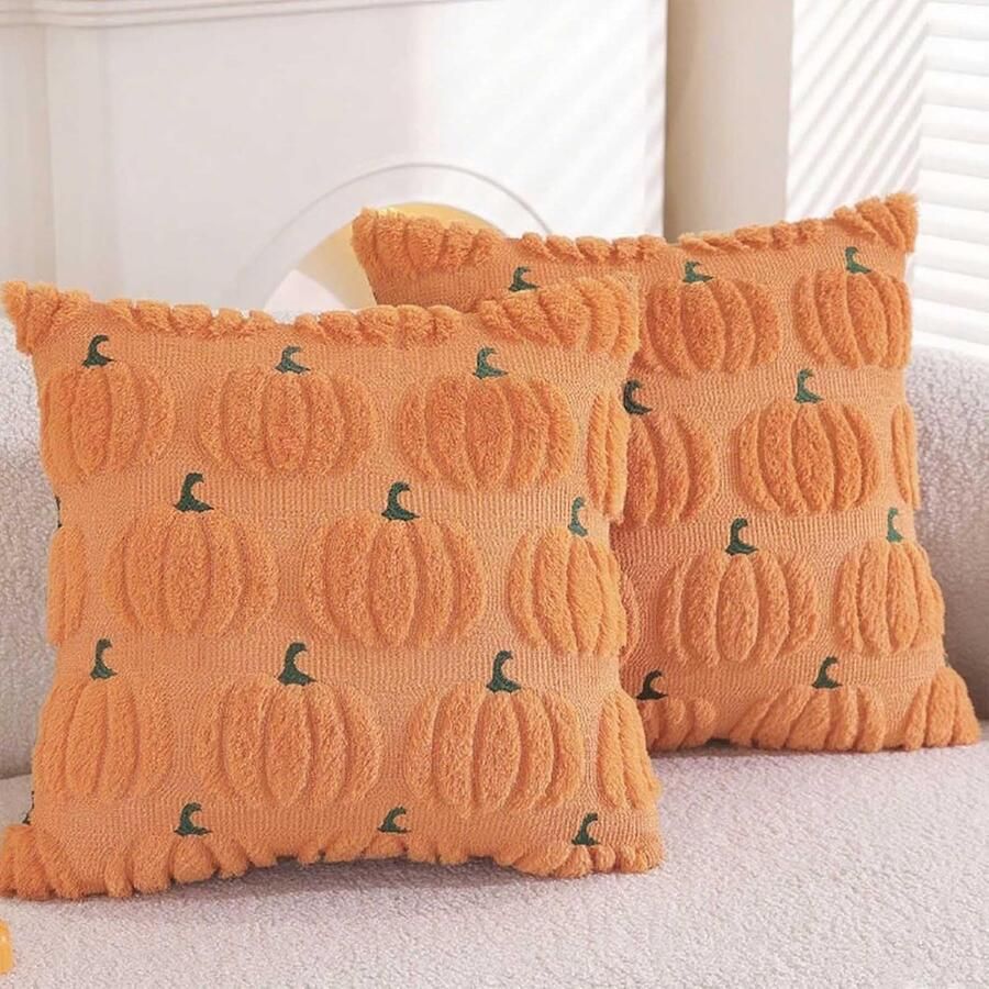 2 Stuks Decoratieve Kussenhoezen Met Pompoenmotief Kussenhoezen Voor Op De Bank 45x45cm Zachte Pluche Kussenhoezen Halloween-Woondecoratie Decoratieve Kussenhoezen Voor Een Herfstsfeer Oranje