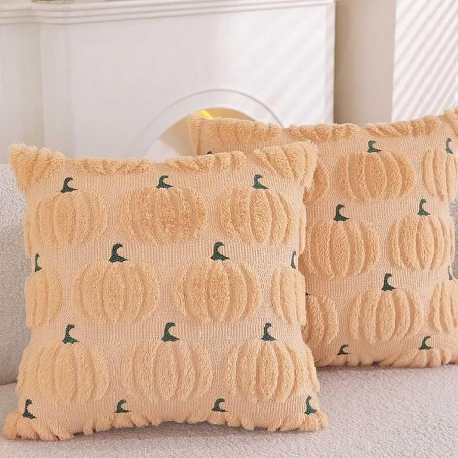 2 Stuks Decoratieve Kussenhoezen Met Pompoenmotief Kussenhoezen Voor Op De Bank 45x45cm Zachte Pluche Kussenhoezen Halloween-Woondecoratie Decoratieve Kussenhoezen Voor Een Herfstsfeer Lichtoranje