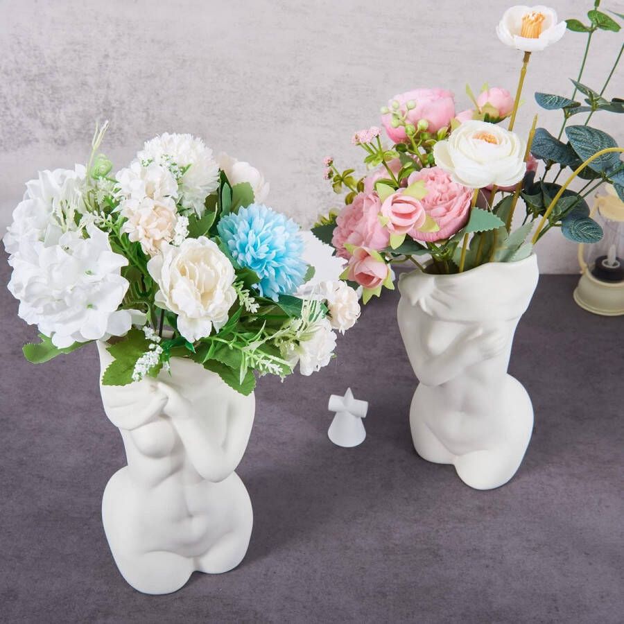 2 stuks decoratieve vazen keramische vazen matte bloemenvaas moderne tafelvazen vrouwenlichaam buste wit kunstwerk voor woondecoratie bureau model A+B