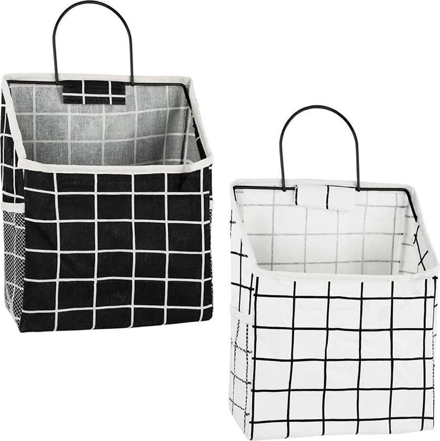 2 stuks deur-wandorganizer hangende mand-organizer wandorganizer opvouwbare linnen stof hangende opslag met metalen frame waterdicht voor badkamer slaapkamer (zwart wit)