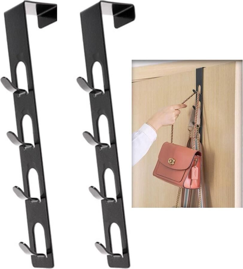 2 stuks deurhaken om op te hangen met 4 verticale haken kledinghaken deur universeel bruikbaar deurkapstok om op te hangen (zwart)