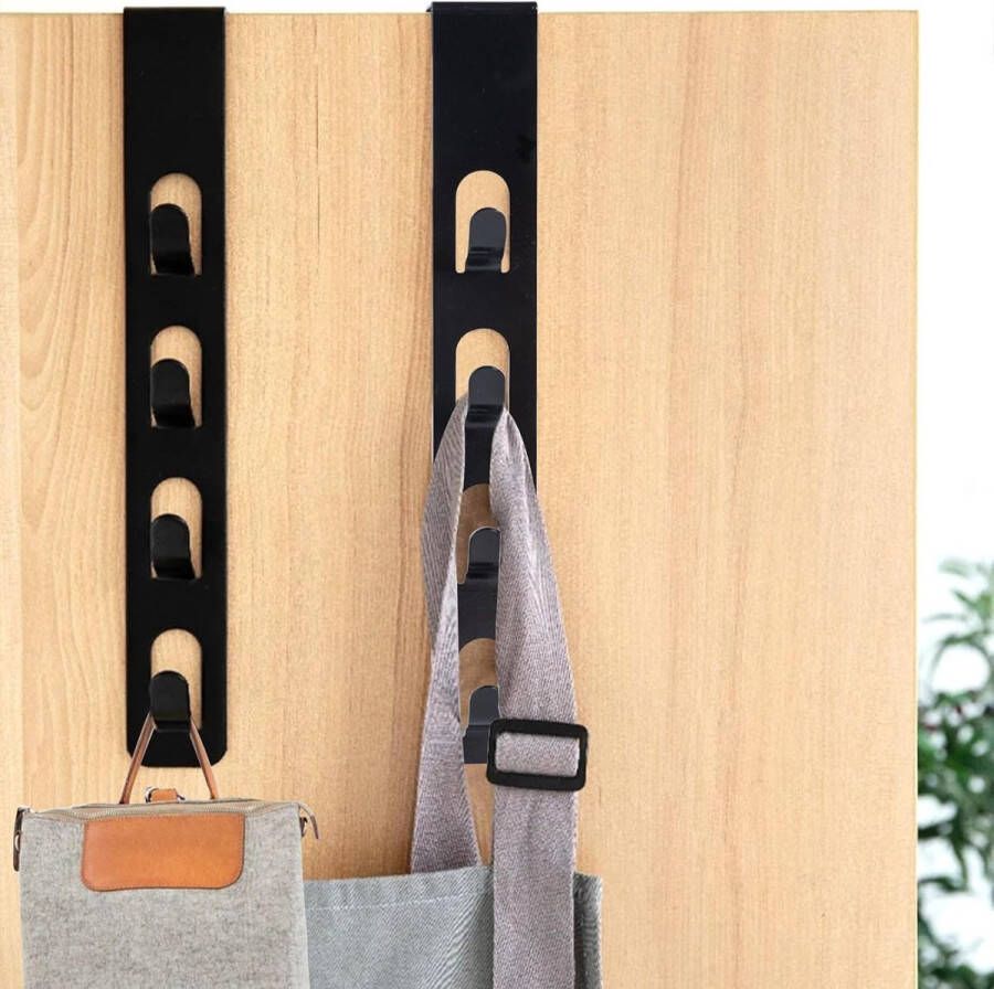 2 stuks deurhaken voor het ophangen van tassenhouder deurkledinghaken verticale deurhaakstrip zonder boren kapstokken met 4 haken voor hoeden jassen badjassen (zwart)
