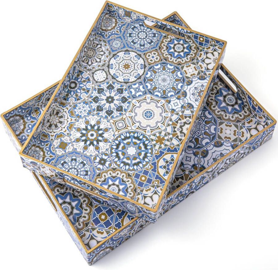 2 stuks dienblad met handgrepen voetenbankdienblad voor woonkamer modern rechthoekig kunststof grote salontafel blauw boho decoratief dienblad