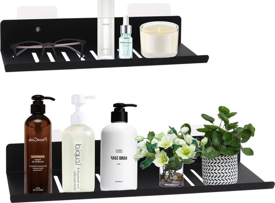 2 stuks doucheplanken zonder boren zwart mat hangend met afvoer 30 cm + 40 cm doucheplank zelfklevend roestvrijstalen douchemand chroom badkamerplanken voor badkamer keuken (zwart 30 cm + 40 cm) - Foto 13