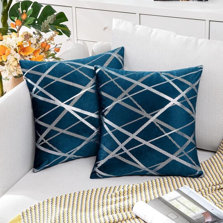 2 stuks fluwelen kussenslopen vierkant decoratief zilveren lijnen voor woonkamer slaapkamer bed bank superzacht modern 45 x 45 cm donkerblauw