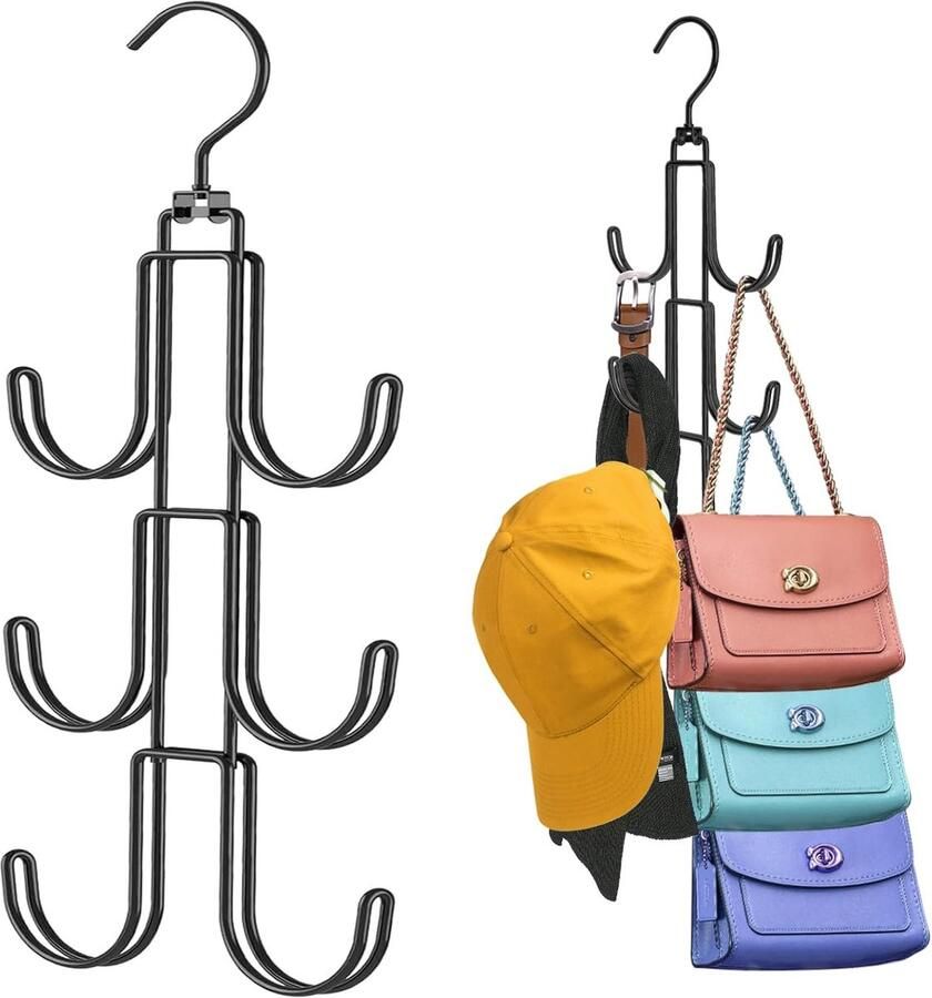 2 stuks Garderobe Handtas Haak Organizer Garderobe Hangende Organizer Draaibare Tassenrek Ruimtebesparende Haak Garderobe Organizer Kan Tassen Hoeden Riemen Stropdassen Sjaals Ophangen Zwart