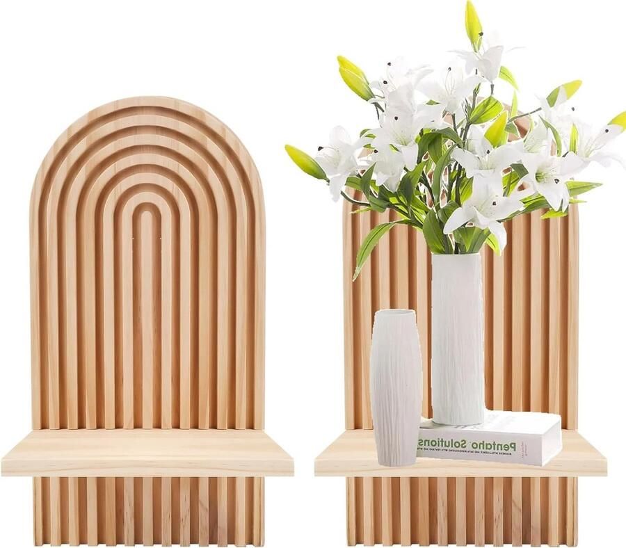 Allecto Plus Set van 2 Boheemse Houten Wandplanken voor Wanddecoratie in Kinderkamer met Gestreepte Boogplaten