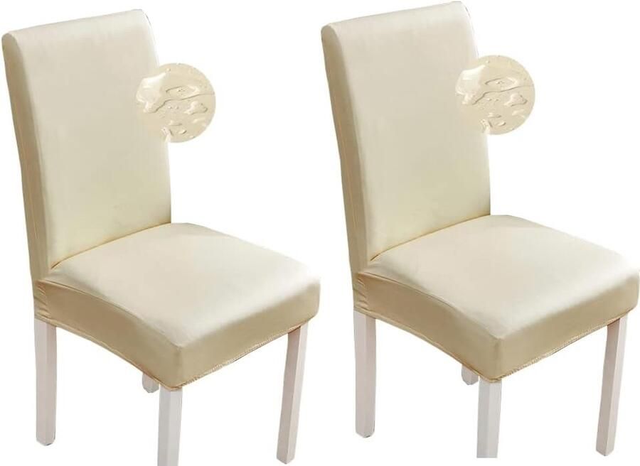 (2 Stuks gebroken wit) Stretch eetkamerstoelhoezen waterdichte PU kunstleer stoelhoezen stoelbeschermer hoes universele stoelhoezen voor eetkamer keuken hotel thuis
