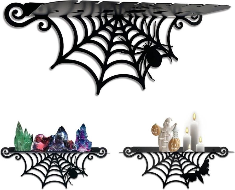 2 Stuks Gotische Metalen Spinnenwebplanken Gotische Decoratieve Planken Voor Weergave Zwevende Plank In Zwarte Heksenstijl Met Spin En Maanmot Halloween-Wandmontage Spookachtige Woondecoratie