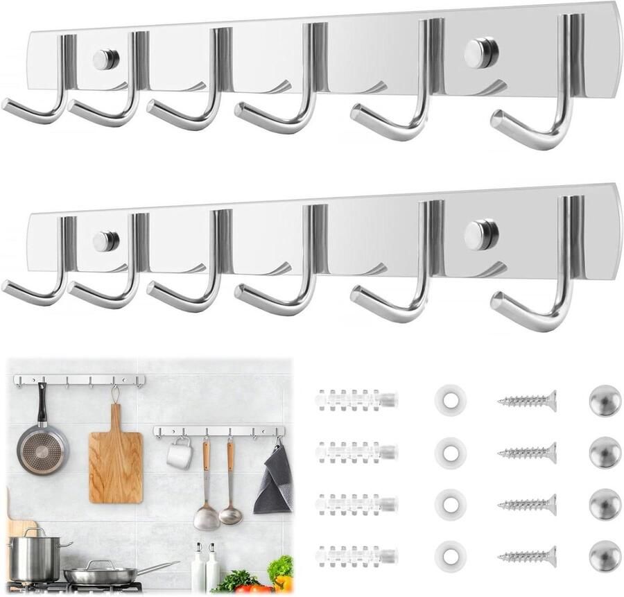 2 stuks haaklijst met 6 roestvrij stalen haken voor keuken en garderobe 32 cm wandhaak voor kleding geschikt voor keuken badkamer woonkamer en hal - Foto 2
