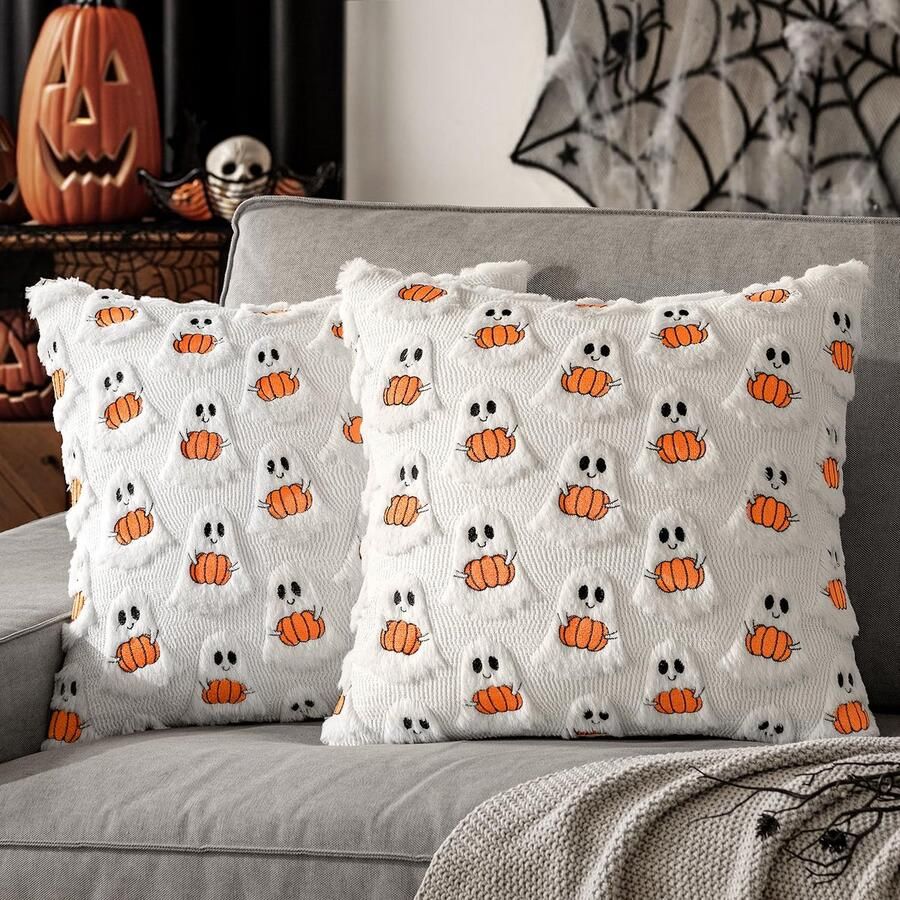 2 stuks Halloween kussenhoes 45 x 45 cm Enge spookpompoen decoratieve zachte oranje kussenhoezen voor bank Feestelijke kussens Decoratieve bankkussens