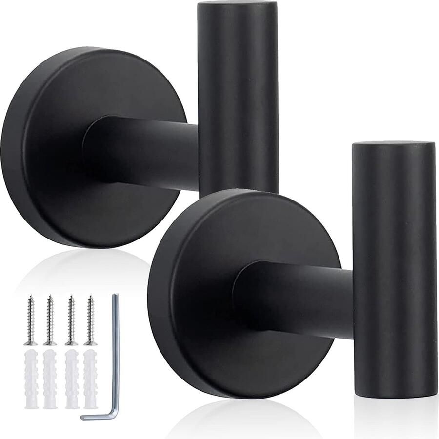 2 stuks Handdoekhaken Ophanghaken Badkamer Haak Roestvrijstalen Handdoekhaken Kledingkast Kasthaak voor Badkamer、Keuken、Garage、Hotel (zwart)