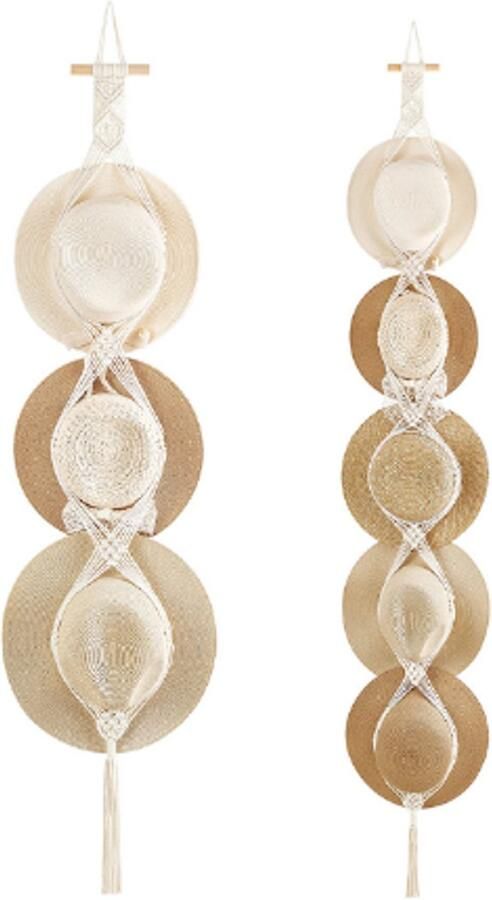 2 stuks Hoedenrek Pettenrek Kapstok Opberger voor Petten en Houden Wandkapstok Decoratieve Kaphouder Voor Verschillende Mutsen Handgeweven hout en Katoen wit voor 3 of 5 Hoeden