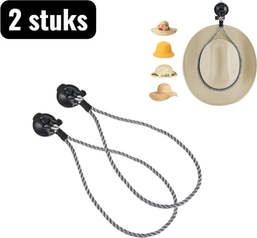 2 stuks Hoedenstandaard Zuignap kapstok Verstelbare Nylon Koord Hoedenhanger voor Auto en Thuis Grijs