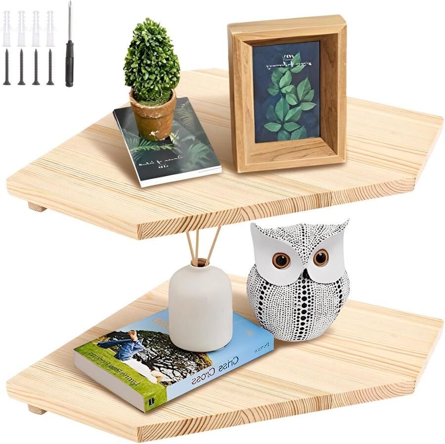 LDHHYH 2 Pcs Corner Shelf Hanging Shelf Floating Wood Solid Wood Round End Wall Shelf Solid Wood Vintage Rustic Shelf for Kitchen Bedroom Living Room Office