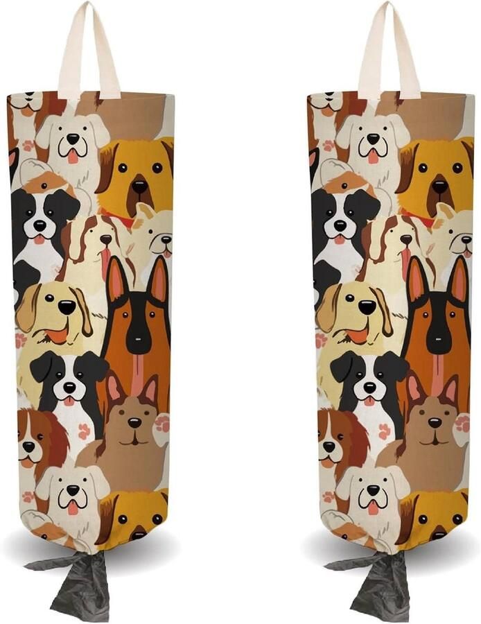 2 Stuks Hond Thema Plastic Zak Houder met Zelfklevende Haak Herbruikbare Muur Mount Dispenser voor Boodschappen en Organisatie Opknoping Opslag voor Kast Thuis Gratis Aanpassing en Wasbaar Trek Touw Doek 4 Zoekwoorden toegevoegd