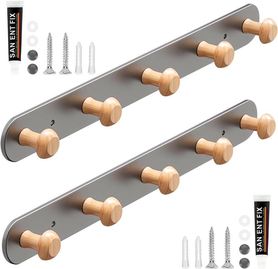 2 stuks houten kapstokhaken kapstok met 5 houten haken kapstokrail keuken. Kapstok wand kapstokdeur zelfklevend gangen badkamers slaapkamers wandkapstok grijs koolstofstaal