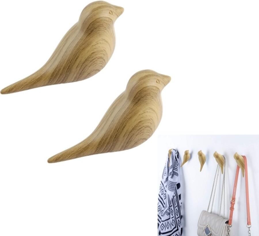 2 stuks Houten vogelvormige kapstokhaak Creatieve vogelhaak voor aan de muur van kunsthars Hoedenhaak voor in de hal Om op te hangen Glad Houtkleur 4*4.3*13 cm Geschikt voor thuis woonkamer slaapkamer winkel