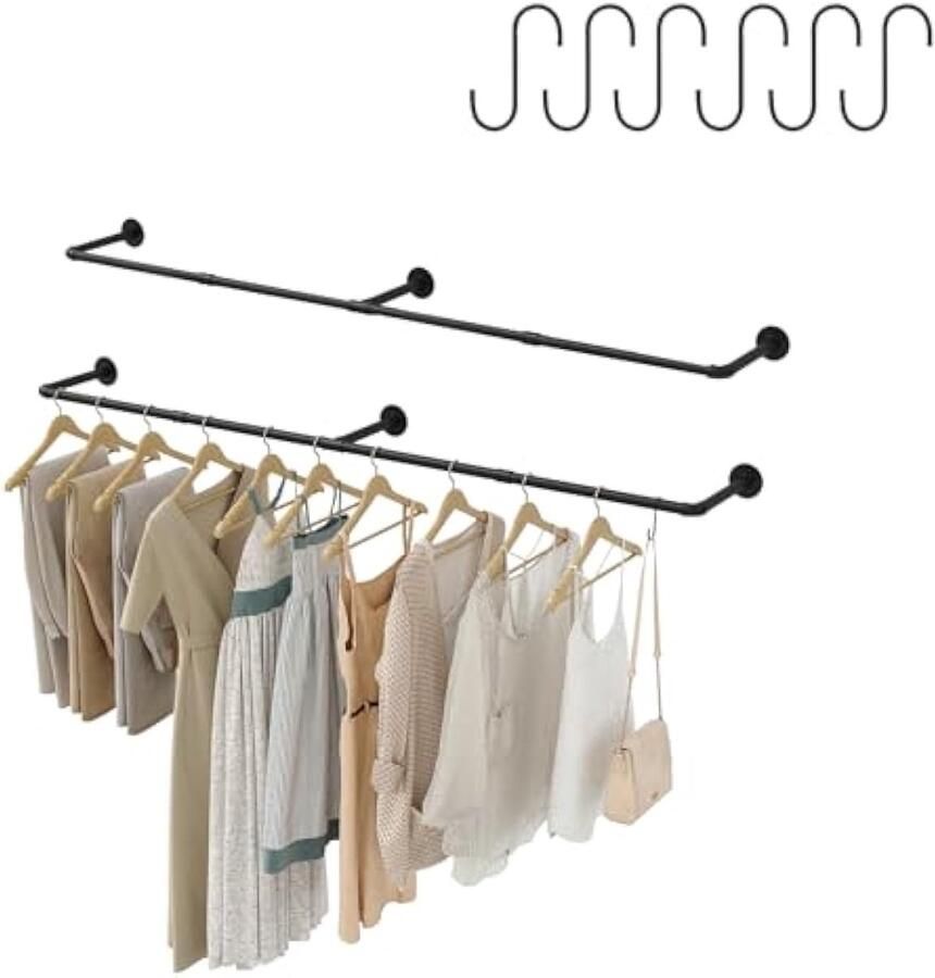 2 stuks industriële buizen kledingstangen wandmontage afneembare retro metalen kledingstang voor het ophangen van kleding haken kledingrek voor aan de muur ruimtebesparend wandrek