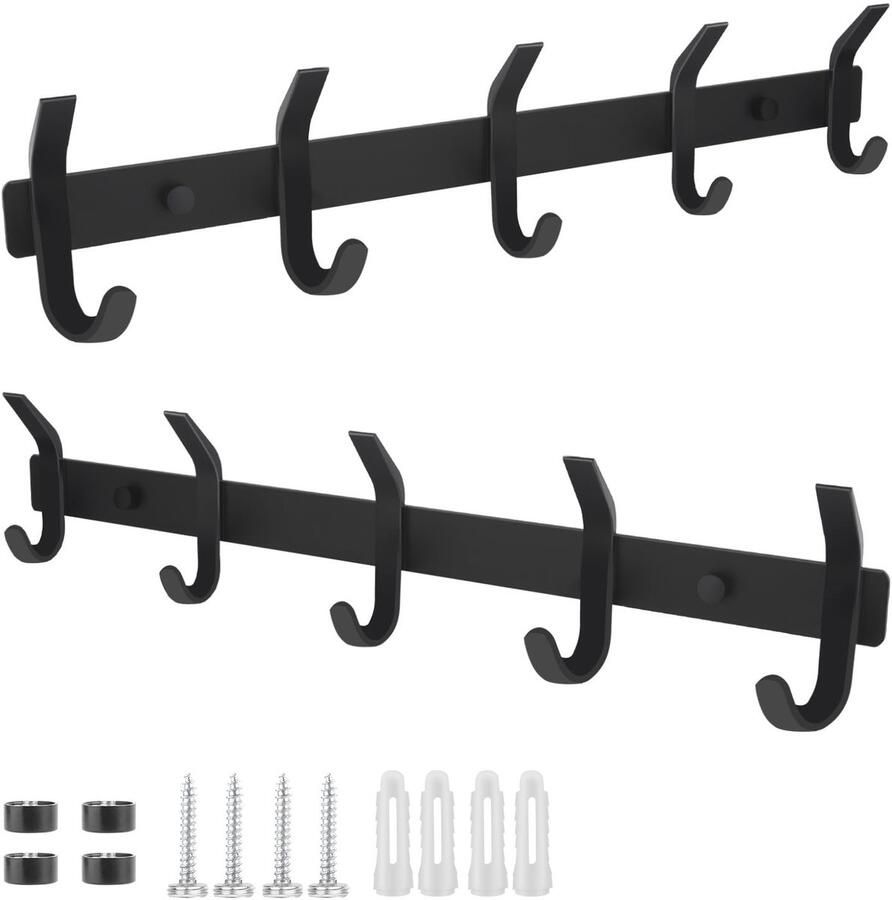 2 stuks kapstokhaken wand RVS met 5 haken kapstok zwart haakrail haak kapstokset wandkapstok metaal voor slaapkamer badkamer keuken woonkamer