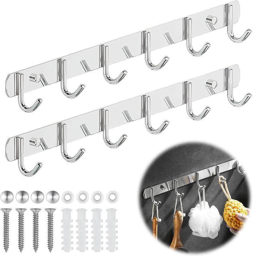 2 stuks kapstokhaken wandkapstok 31 cm haakstang keukenhaakstang jashouder wandkapstok met 6 haken kapstokhaken roestvrij staal voor keuken badkamer woonkamer en hal