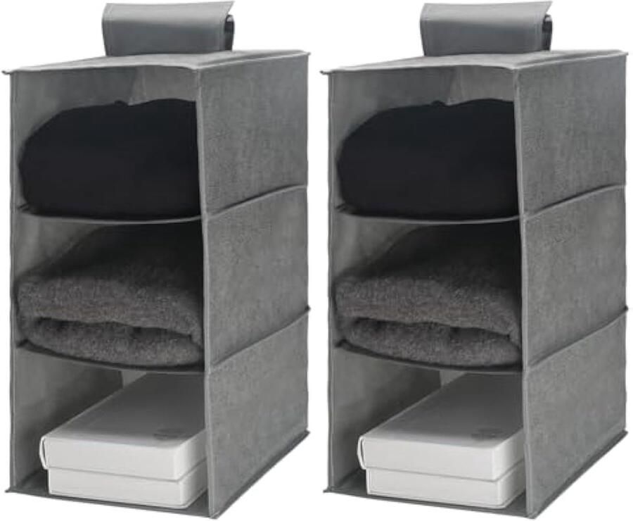 2 stuks kastorganizer hangende opslag met 3 vakken ruimtebesparend voor de binnenkast handtassen voor de kast wasbaar opvouwbaar ruimtebesparend om op te hangen (grijs)