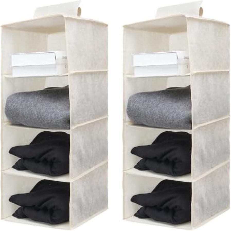 2 stuks kastorganizer hangende opslag met 4 vakken ruimtebesparend voor de binnenkast handtassen voor de kast wasbaar opvouwbaar ruimtebesparend om op te hangen (beige)