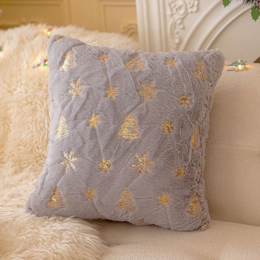 2 stuks kerstboomdecoratie sierkussenhoezen-zachte imitatiebont pluche schattige bankkussenhoezen-met kerstboom sneeuwvlok glitter borduurwerk kussenslopen-voor kerstdecoratie thuis slaapkamer bank stoel bank-18×18 inch