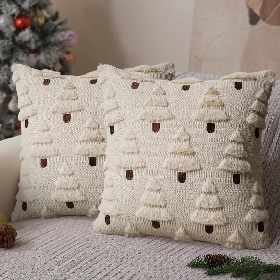 2 stuks kerstkussenhoezen 45 x 45 cm kerstboomkussenhoezen zachte pluche kussenslopen kerstversiering winterdecoratie voor op de bank bed of veranda beige
