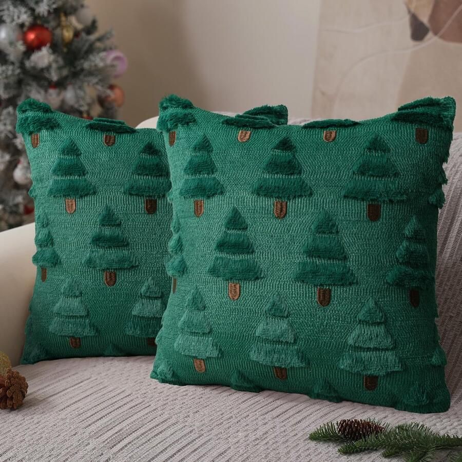 2 stuks kerstkussenhoezen 45 x 45 cm kerstboomkussenhoezen zachte pluche kussenslopen kerstversiering winterse woondecoratie voor bank bed veranda groen