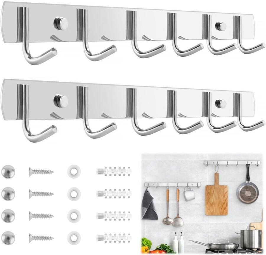 2 stuks keukenhaakstang kapstokhaak met 6 haken RVS kapstokhaak keukenhaakstang 32 cm kapstok kapstokhaak wand voor keuken badkamer woonkamer en hal