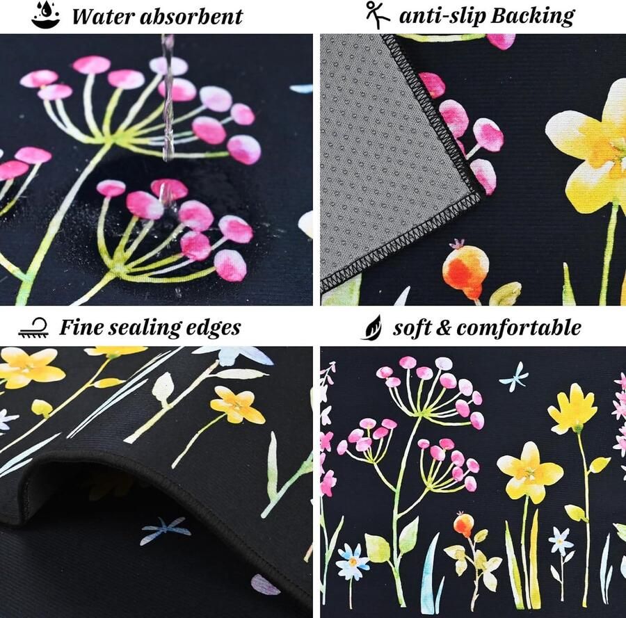 2 stuks keukentapijten antislip keukenmatten keukenloper wasbaar antislip keukentapijt voor keuken woonkamer eetkamer badkamer (bloem F 40 x 120 cm + 40 x 60 cm)