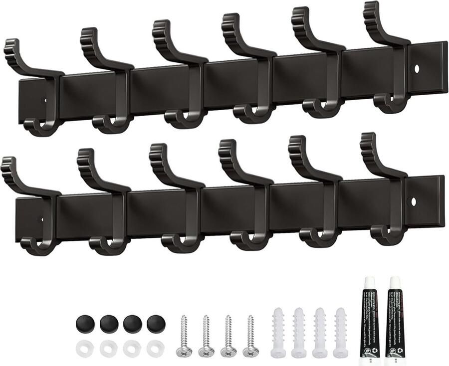 2 stuks kledinghaken muur met 6 haken haaklijst garderobe voor slaapkamer badkamer keuken garderobestand wandgarderobe voor jassen mantels tassen hoeden en sjaals (zwart)