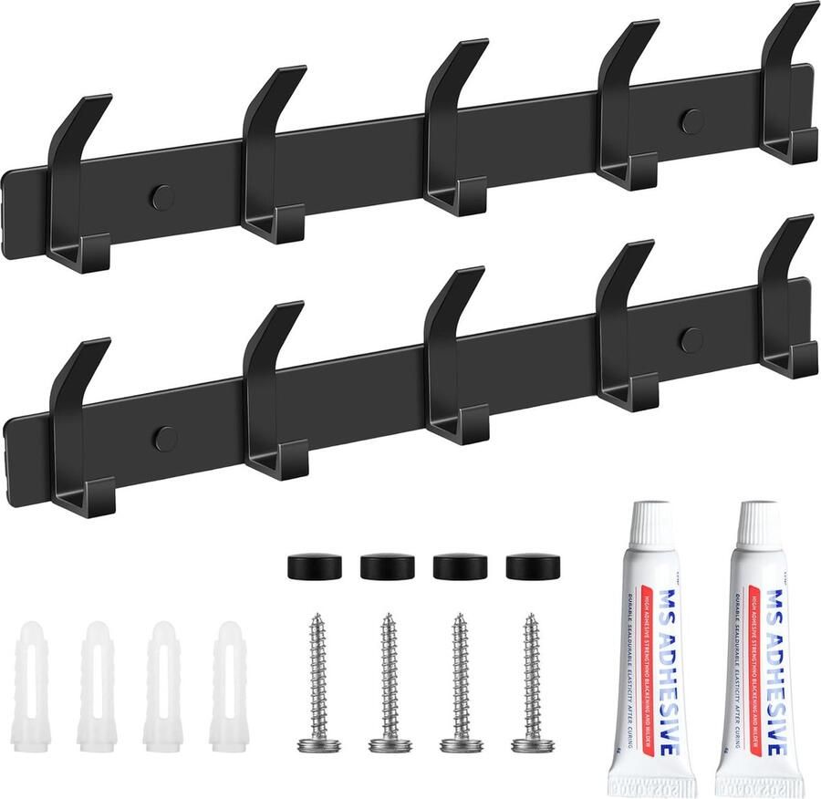 2 stuks kledinghaken wandgarderobehaken zwart met 5 haken garderobelijst wandgarderobe roestvrij staal voor slaapkamer badkamer keuken